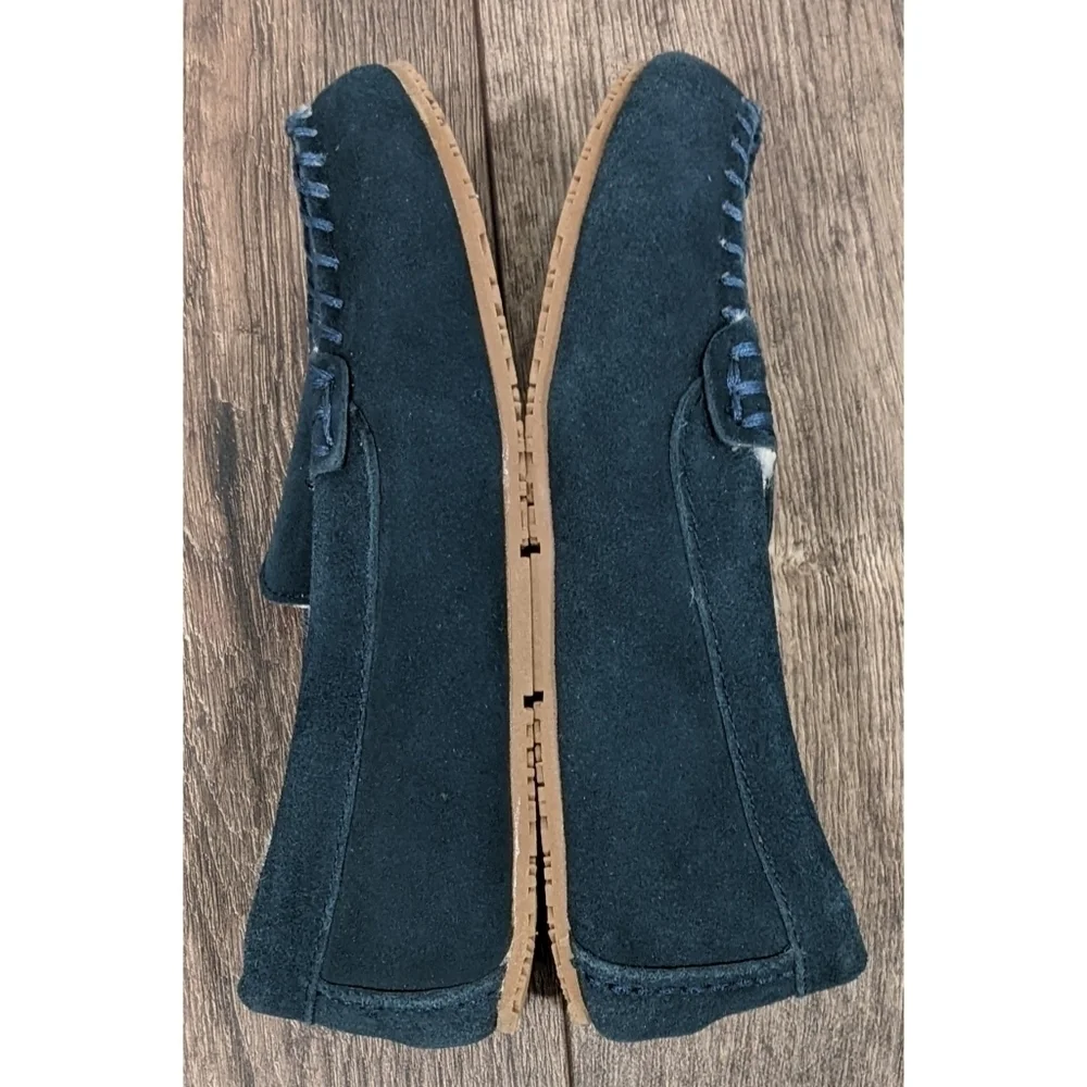 Lands' End Blue Suede Faux Fur Lined Slippers
